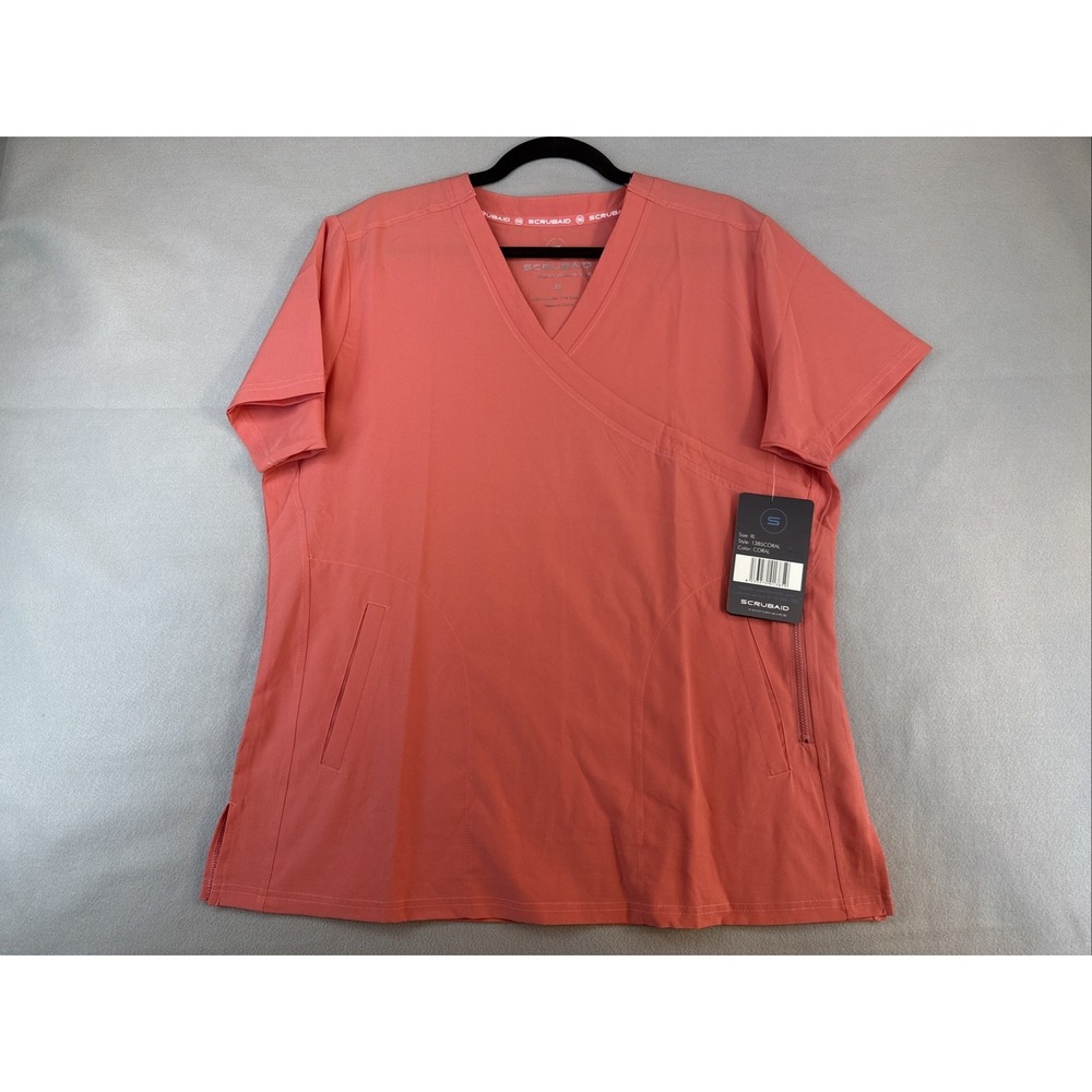 Scrubaid  Woman's Size XL Coral Scrub Top, New With Tags, V Neck, Zipper Pockets